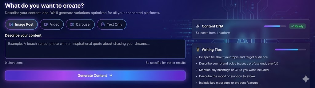 FluxSocial create page with prompt input and Content DNA status